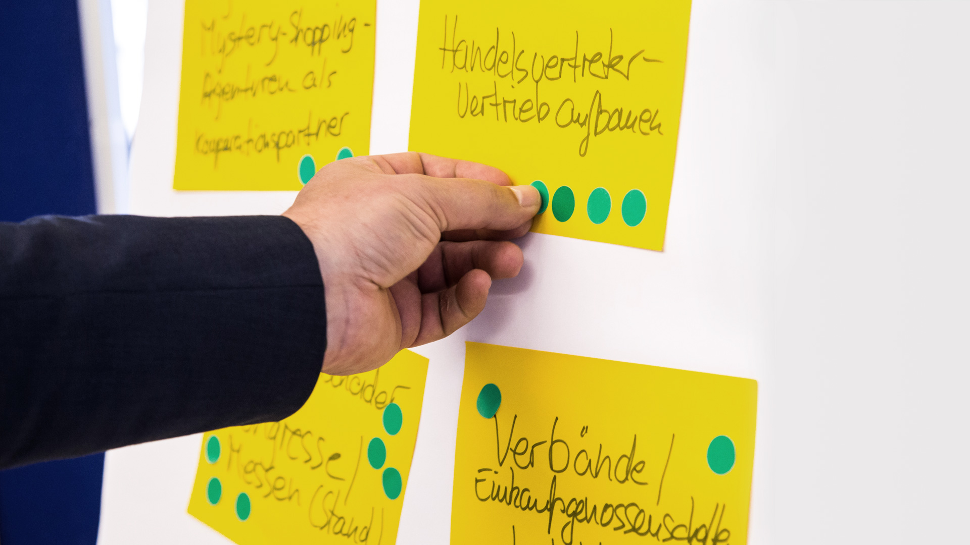 Workshop: Teilnehmer verteilen Punkte auf Post its an Pinnwand
